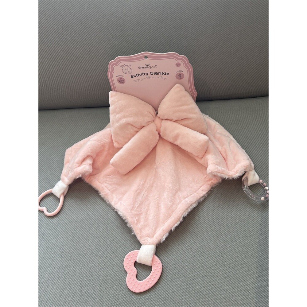 Dream Gro Pink Bow Activity Blankie Lovey Security Blanket Teether Rattle New